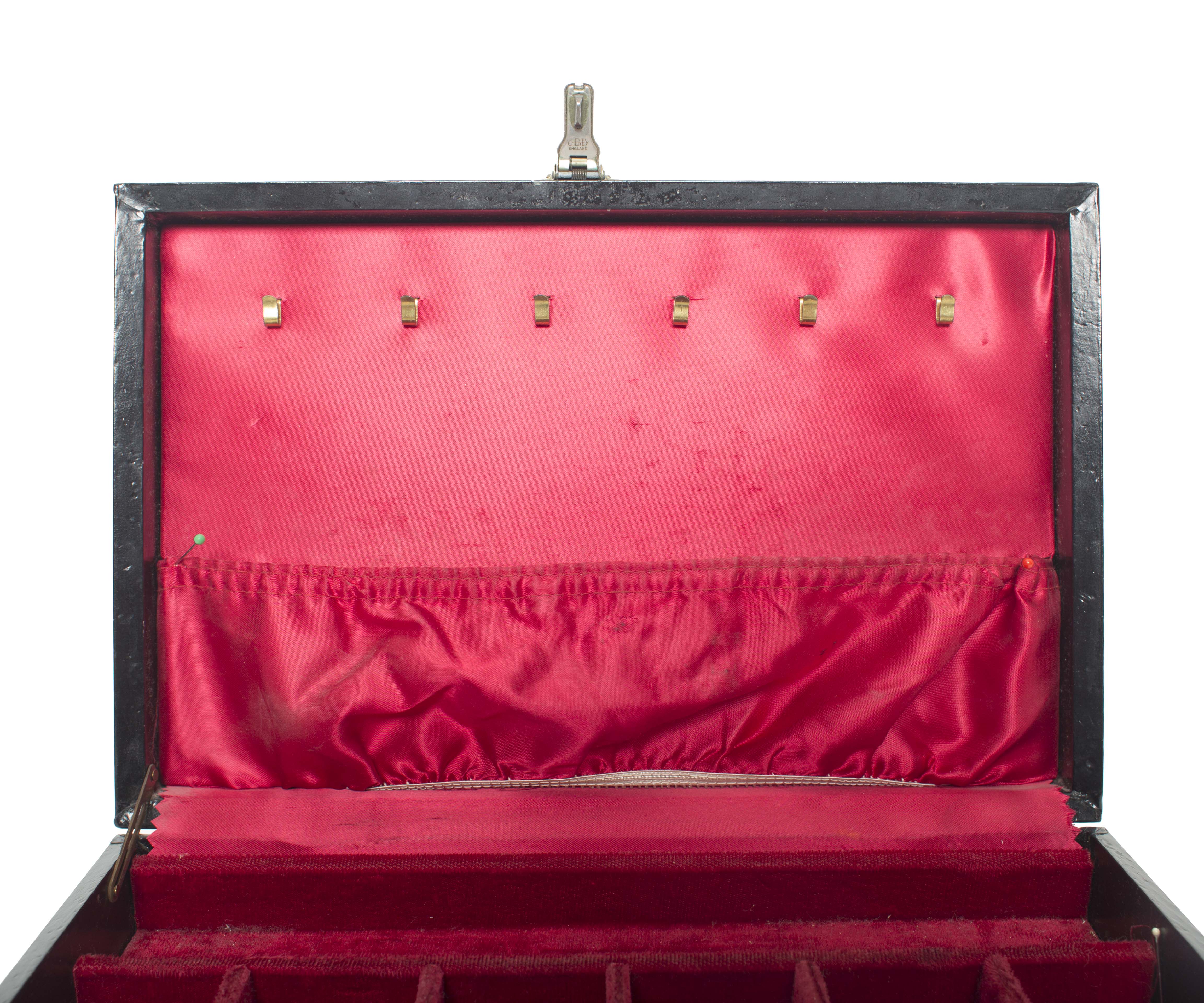 Vintage Cheney England Jewelry Box with Red Velvet Interior