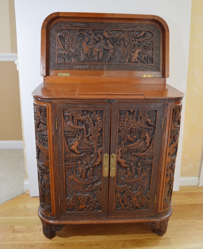 Vintage Chinese Carved Mahogany Cabinet Bar