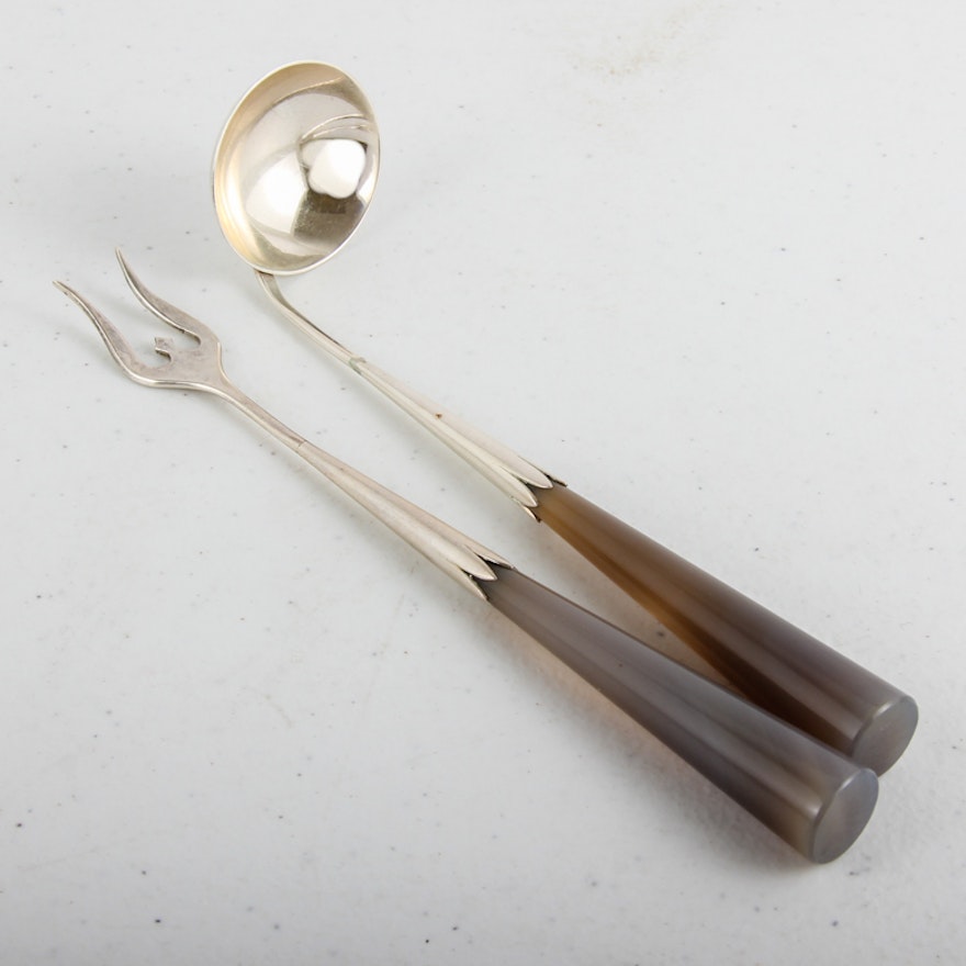 Sterling Silver Ladle and Fork with Stone Handles