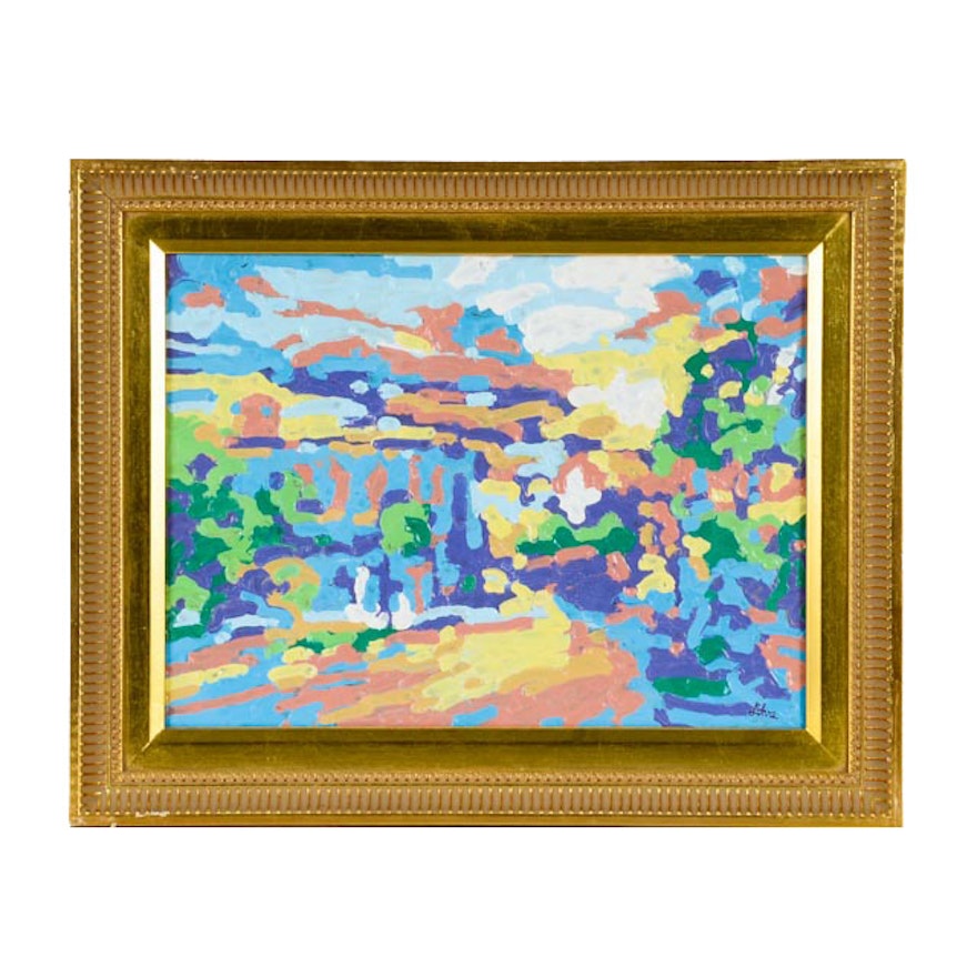Tom Lohre Original Oil Pastel Melted on Metal Painting "Clifton Fountain, Firehouse, and Ludlow Avenue"