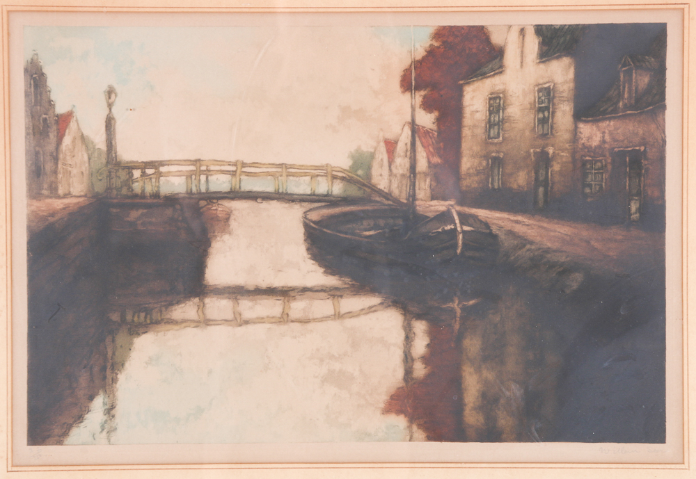 William Seer Signed Limited Edition Hand-Colored Etching of a European Town