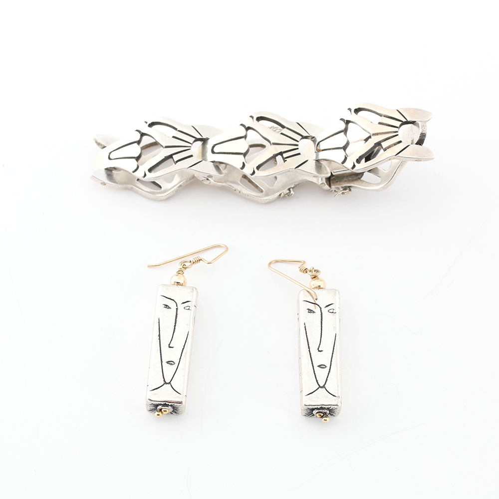 Taxco Mexico Sterling Bracelet and Modernist Sterling Earrings