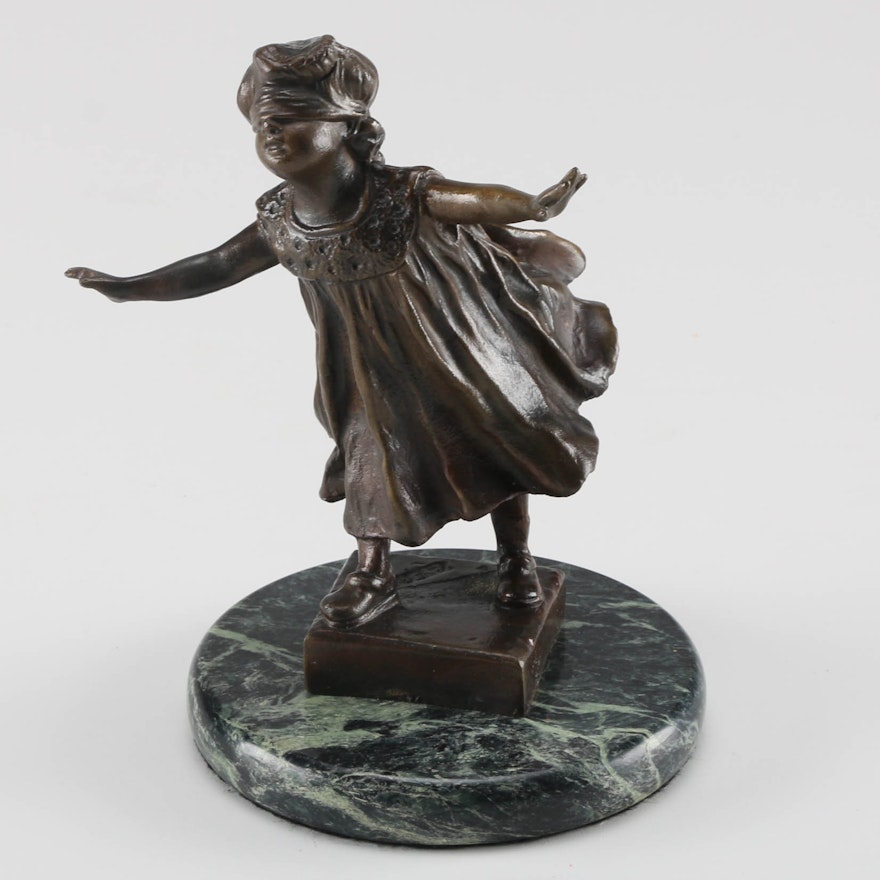 Reproduction G. Ferrari Cast Bronze Sculpture of Blindfolded Little Girl