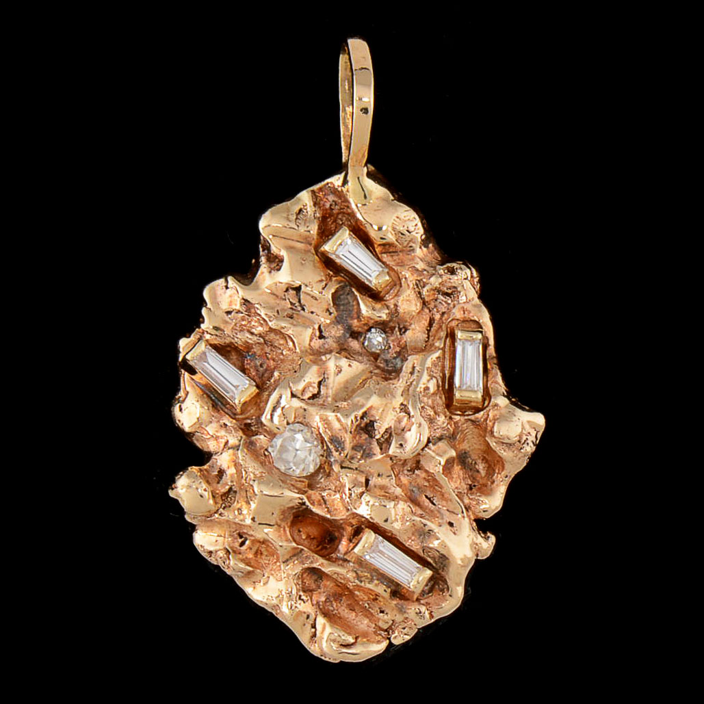 14K Gold Nugget Diamond Pendant