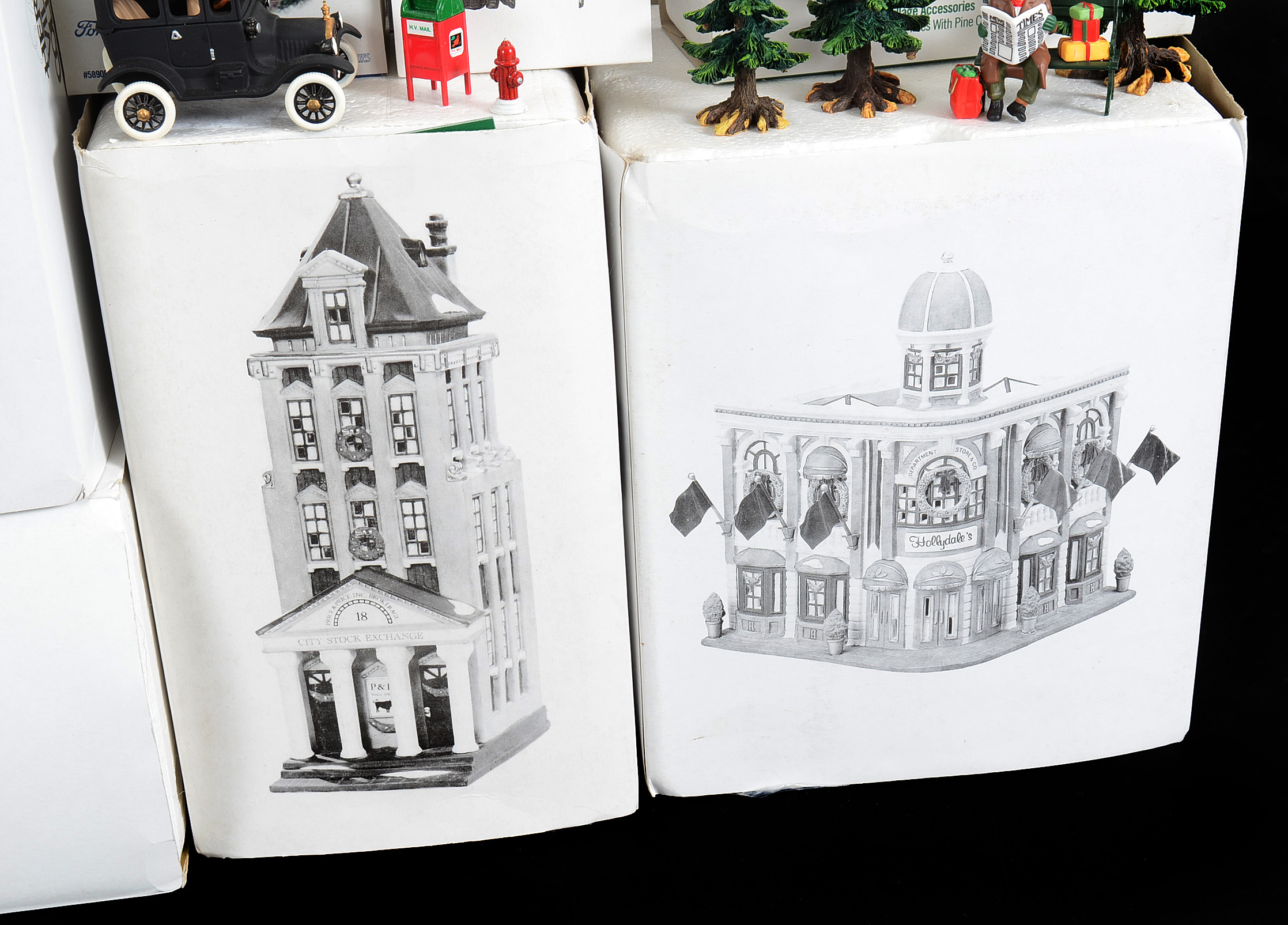 Collection of Four Retired Department 56 Christmas in the City Series Buildings with Accessories