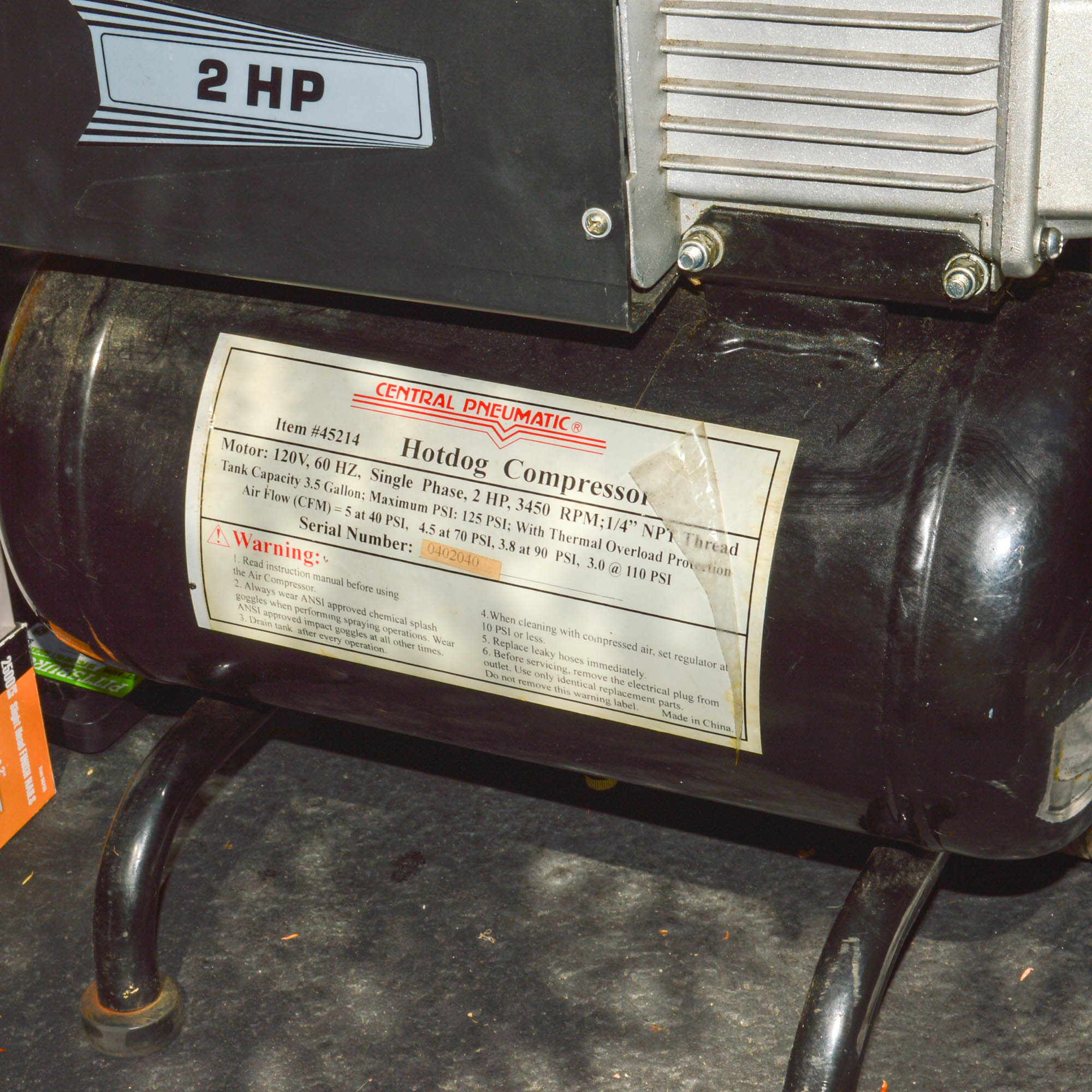 Central Pneumatic 2HP Hot Dog Air Compressor