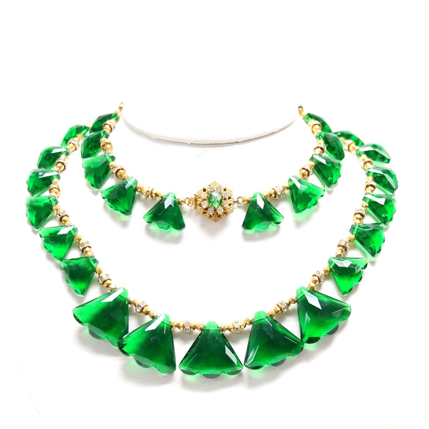 Vintage Miriam Haskell Green Glass Necklace