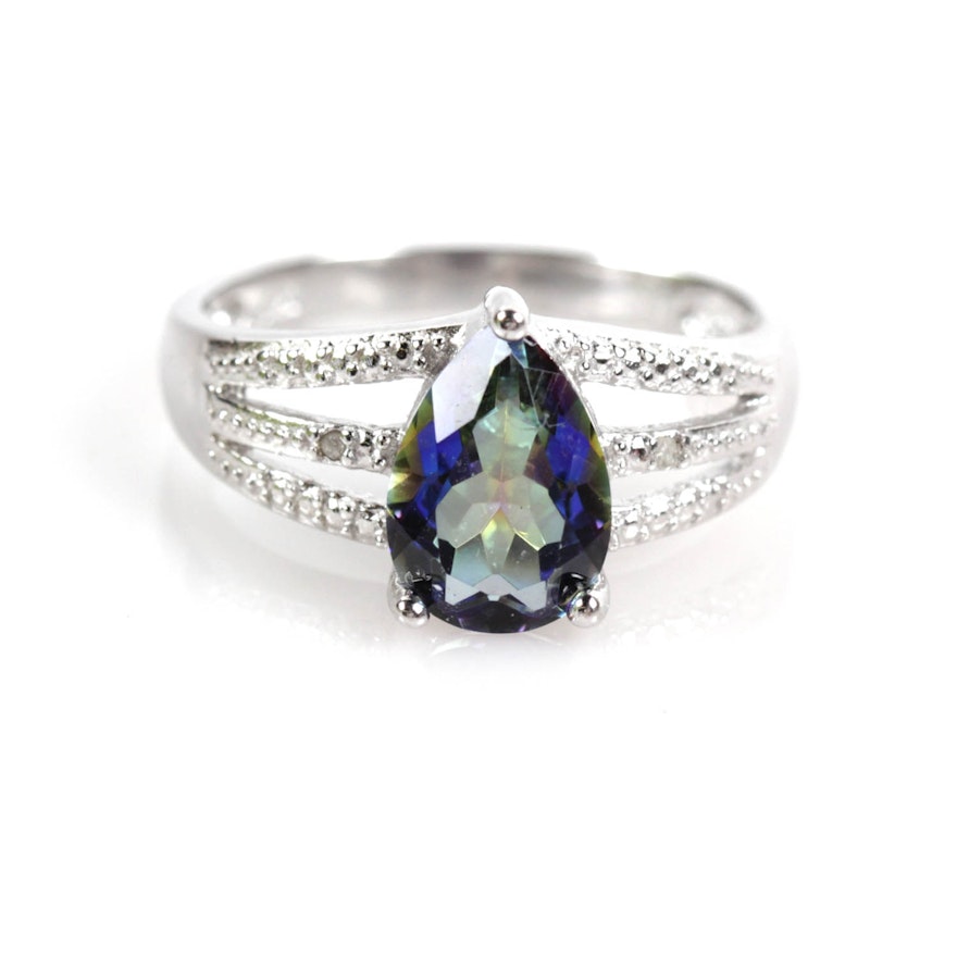 Sterling Silver Ring with Diamonds and Blue Green Synthetic Quartz