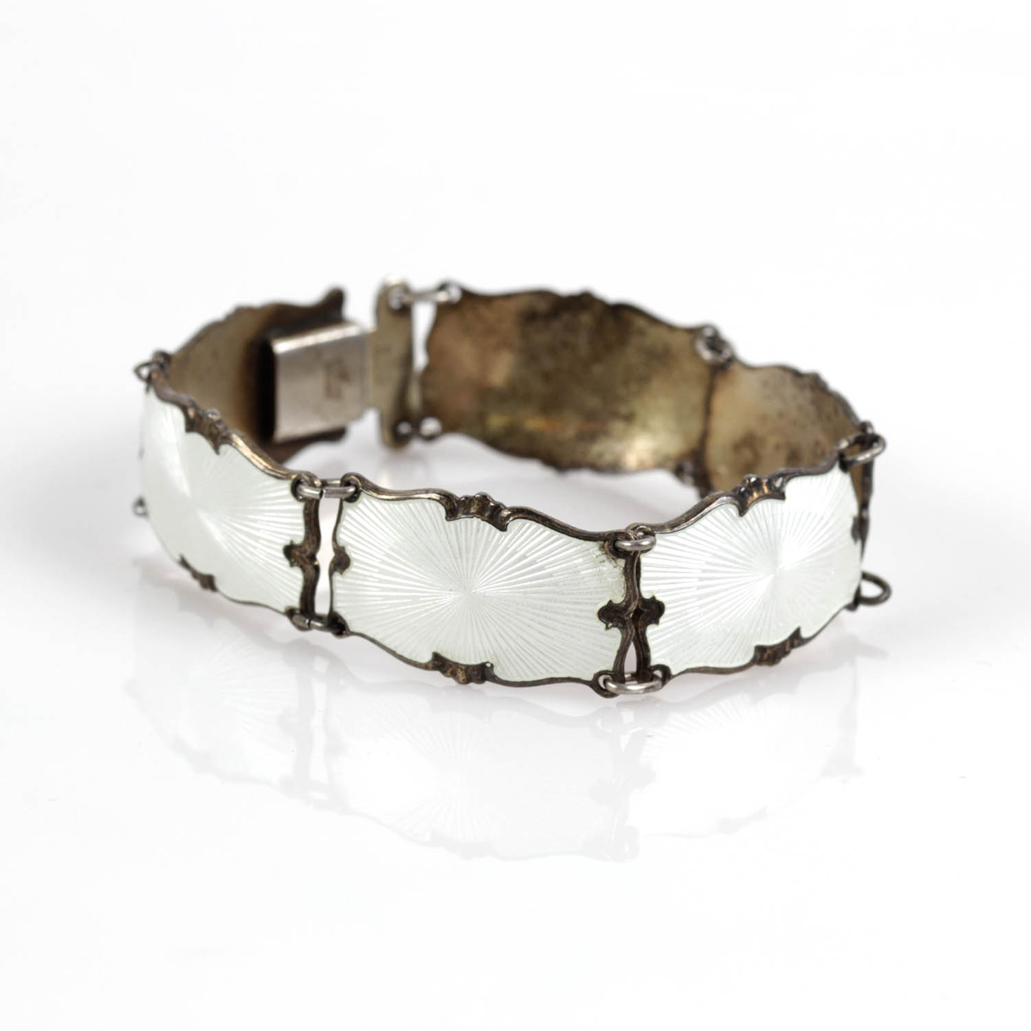 Vintage Ivar T Holth Mid Century Guilloche and White Enamel Continental 830 Sterling Bracelet