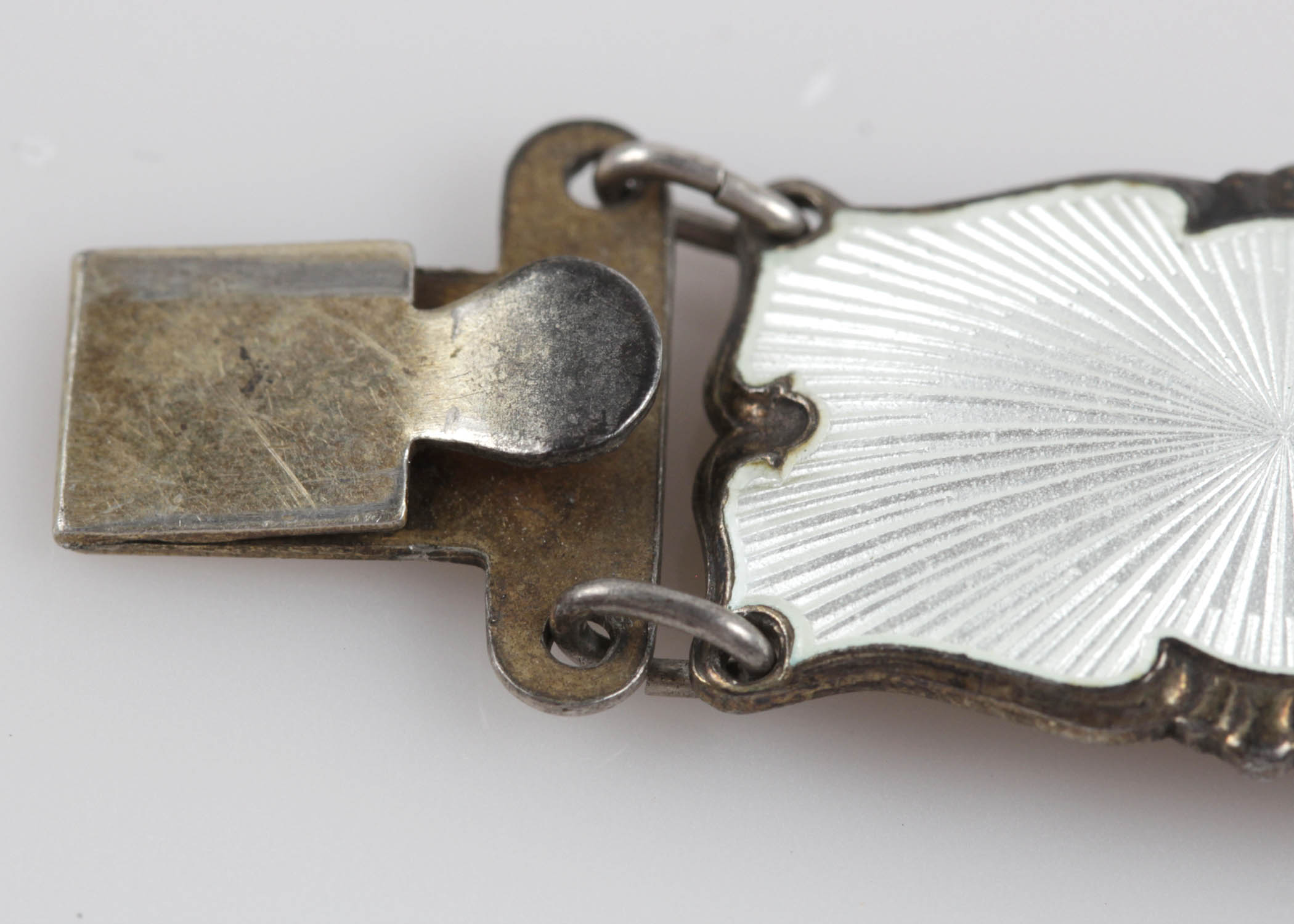 Vintage Ivar T Holth Mid Century Guilloche and White Enamel Continental 830 Sterling Bracelet