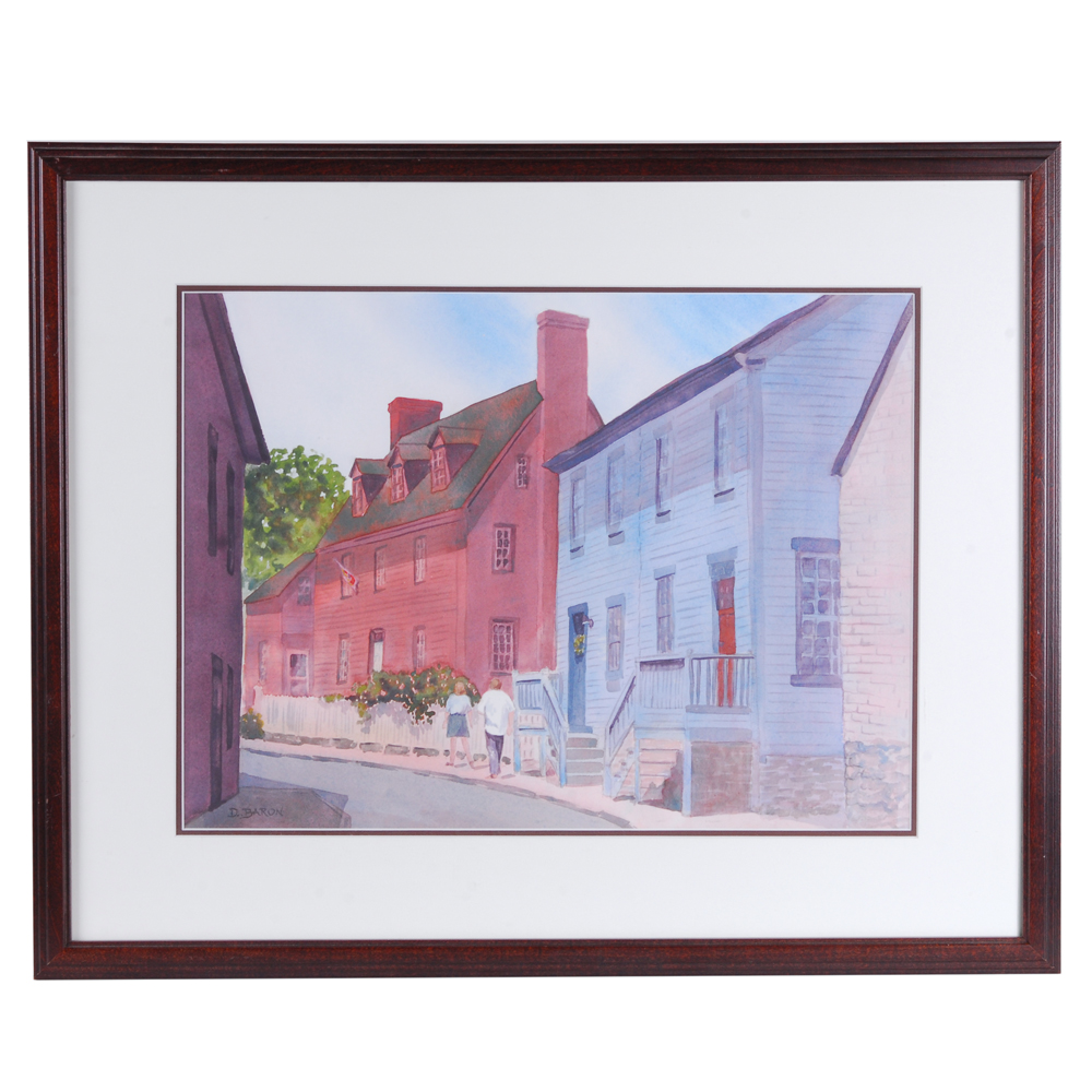 D. Baron Gouache Depicting Modern Couple on Colonial Street