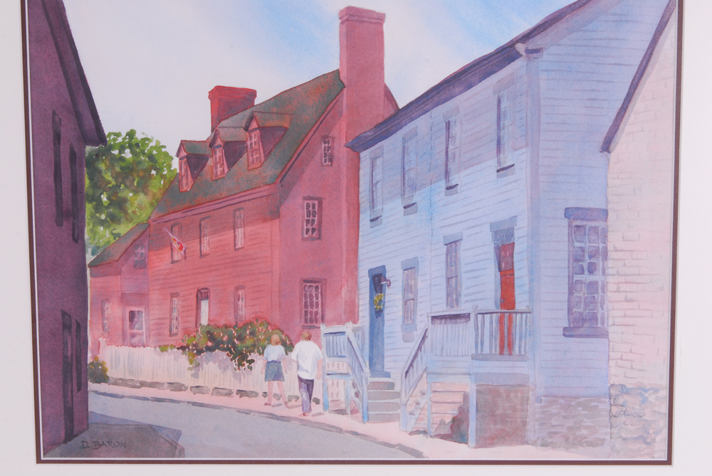 D. Baron Gouache Depicting Modern Couple on Colonial Street