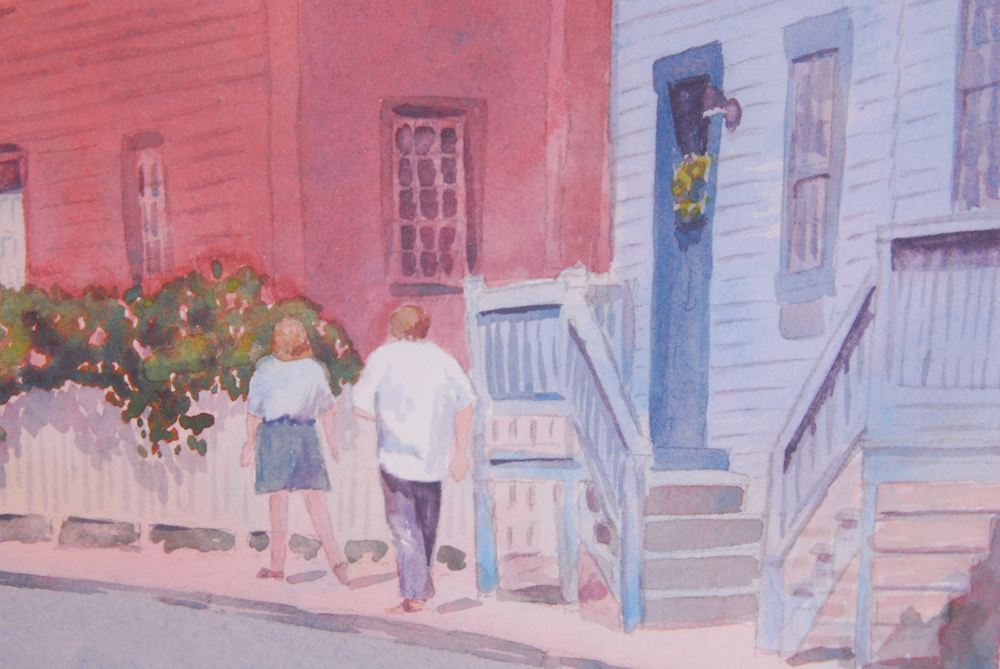 D. Baron Gouache Depicting Modern Couple on Colonial Street