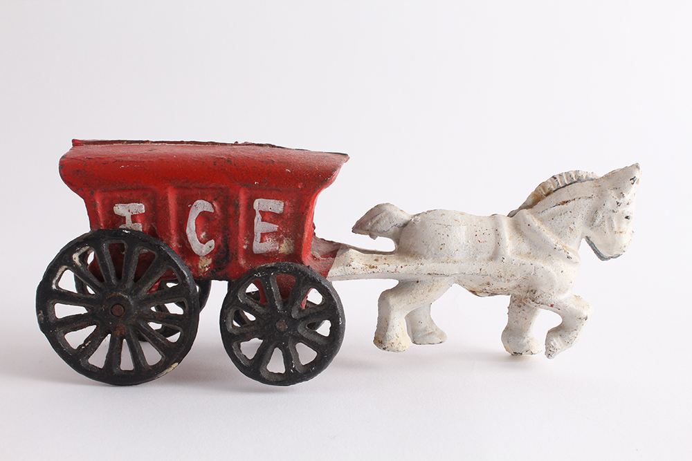 Vintage Painted Cast Iron Horse Drawn Ice Wagon Toy