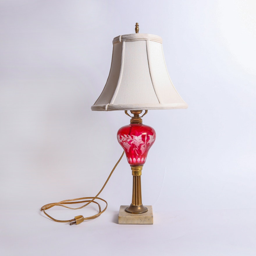 Vintage Ruby Red Cut To Clear Glass & Brass Table Lamp 