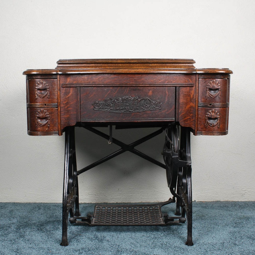Antique White Family Treadle Sewing Machine in Oak Case