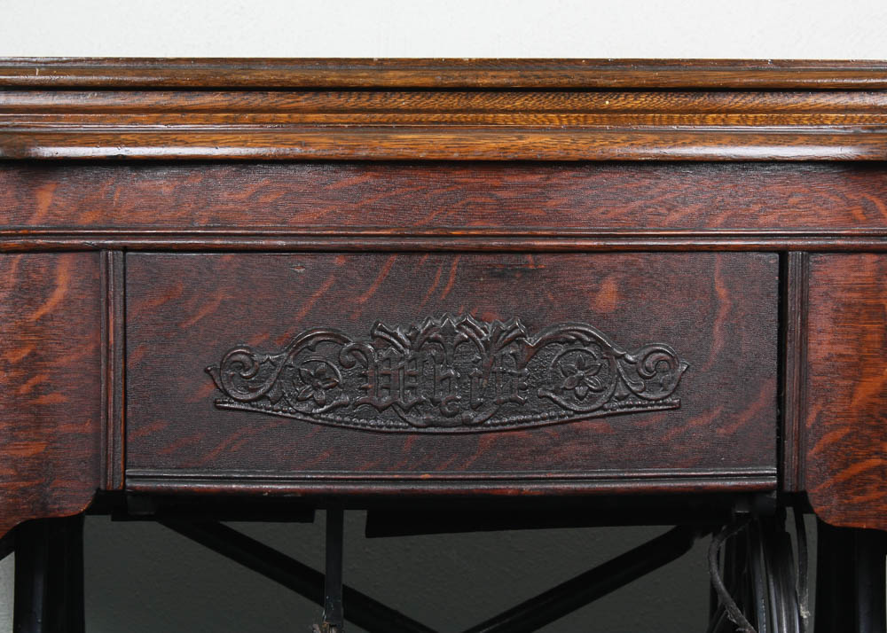 Antique White Family Treadle Sewing Machine in Oak Case