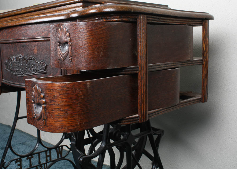 Antique White Family Treadle Sewing Machine in Oak Case