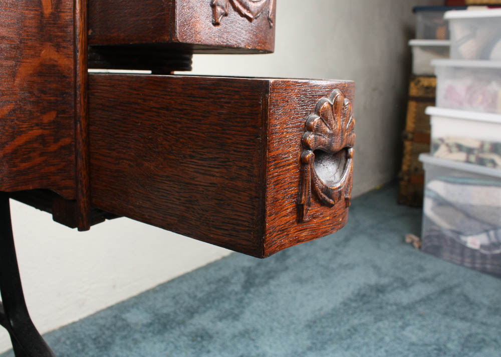 Antique White Family Treadle Sewing Machine in Oak Case