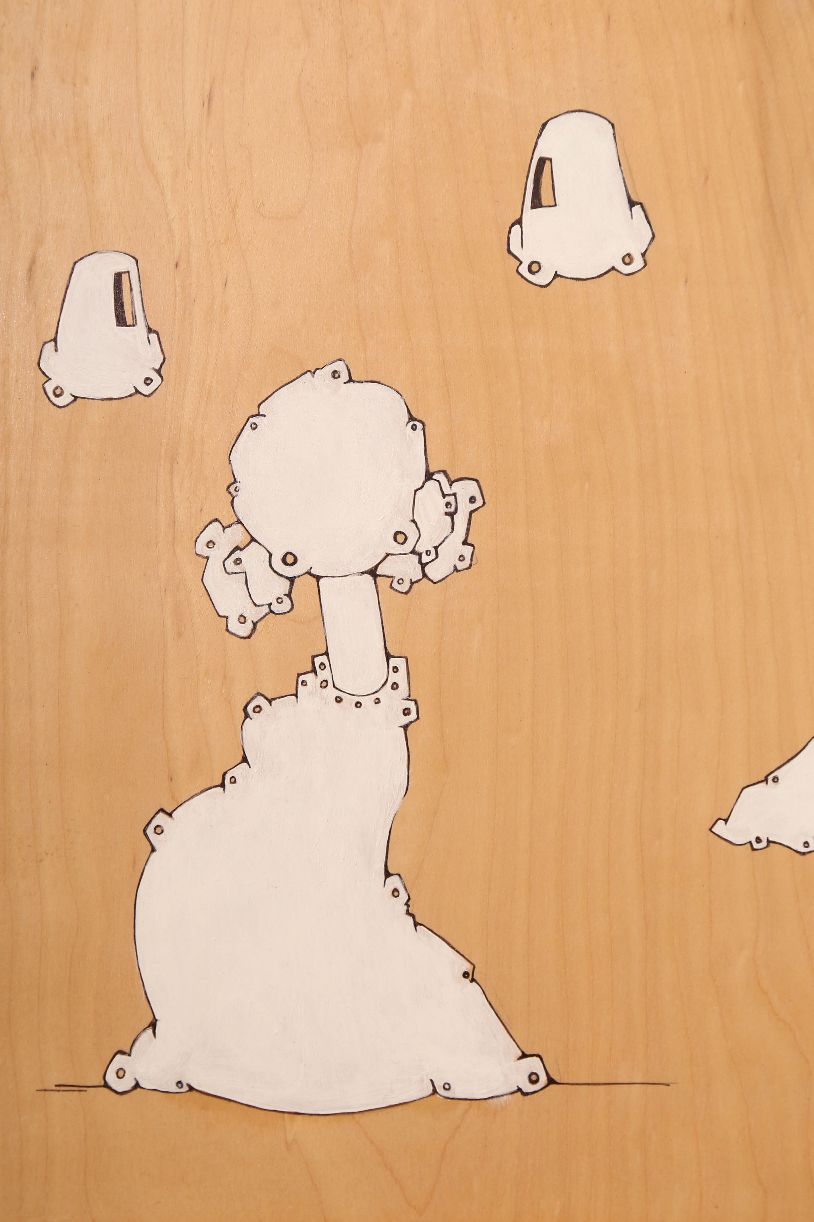 Andrew Wingert "Soft Robot Village" Signed Ink Drawing on Wood