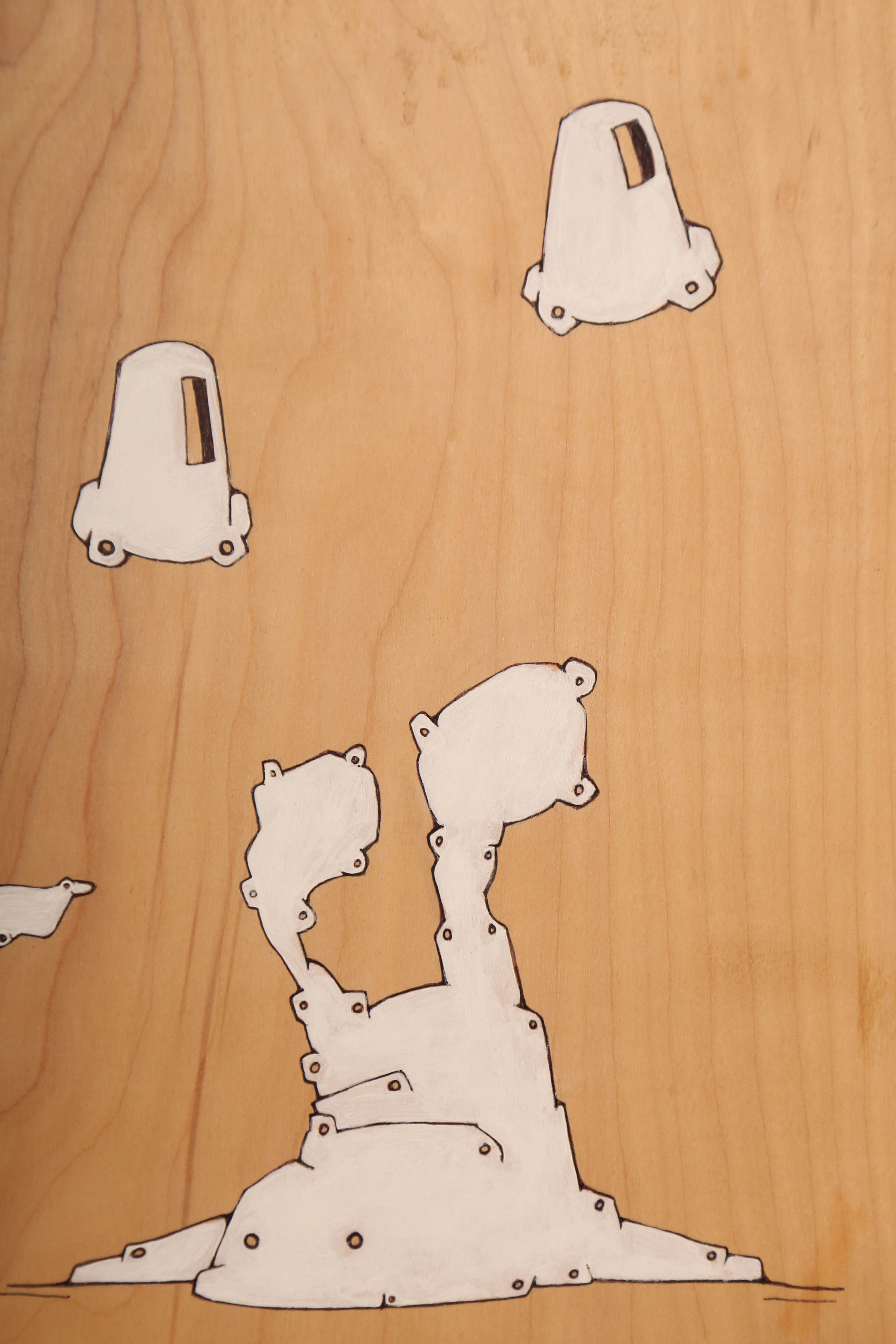 Andrew Wingert "Soft Robot Village" Signed Ink Drawing on Wood