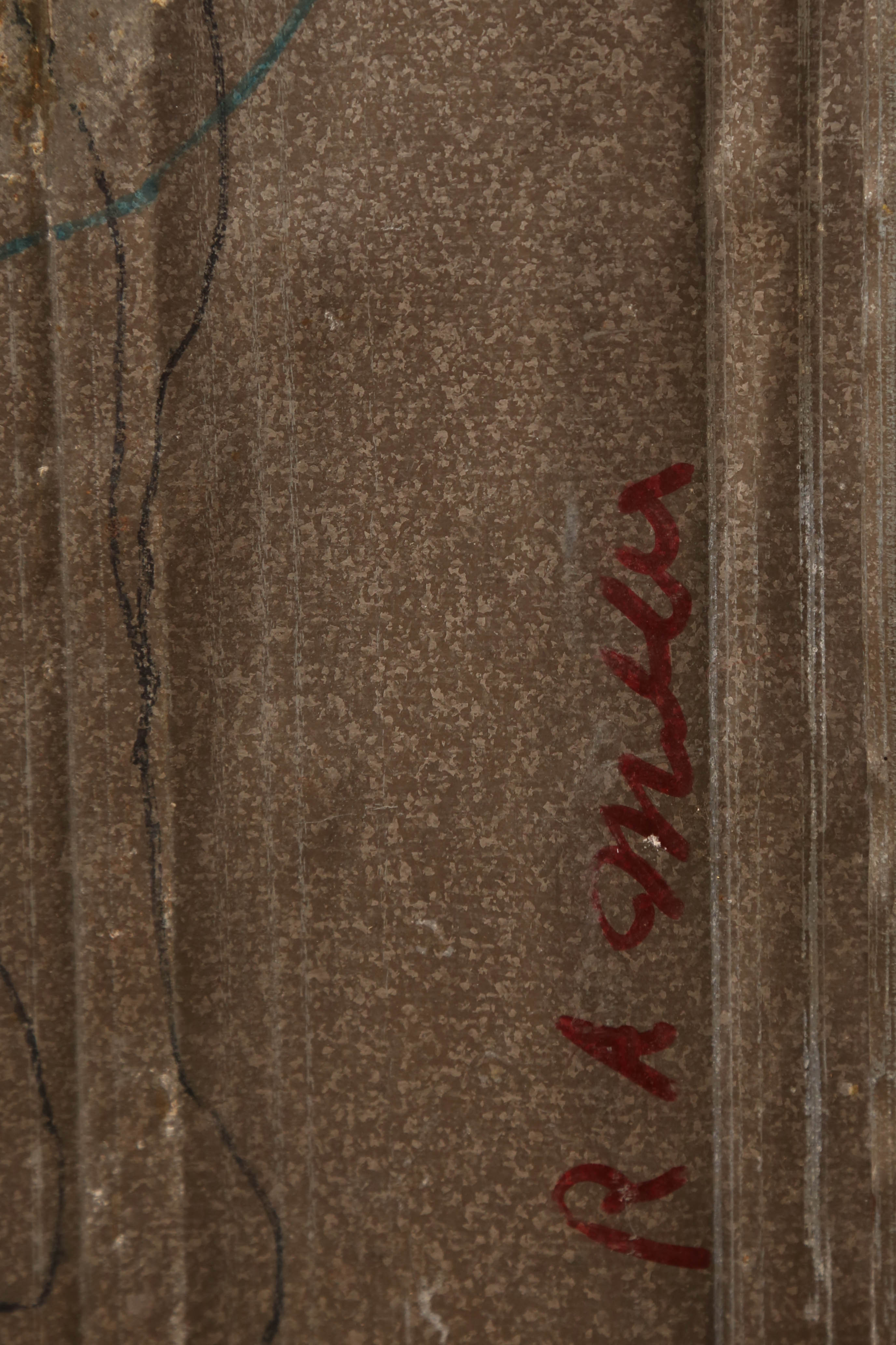 Folk Artist R.A. Miller "Blow Oskar Dinosaur Body" Drawing on Tin