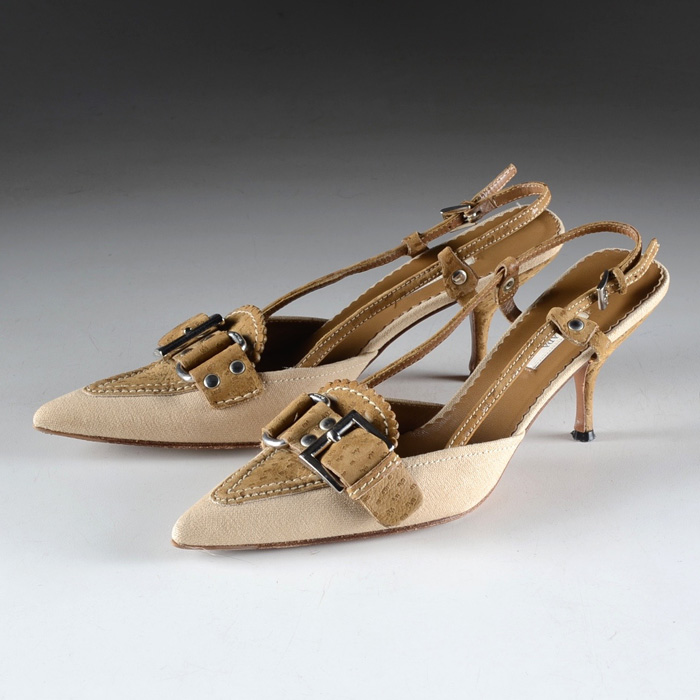 Prada Embossed Suede and Canvas Slingback Mules