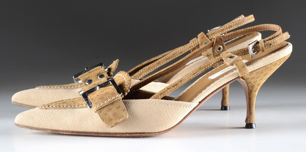 Prada Embossed Suede and Canvas Slingback Mules