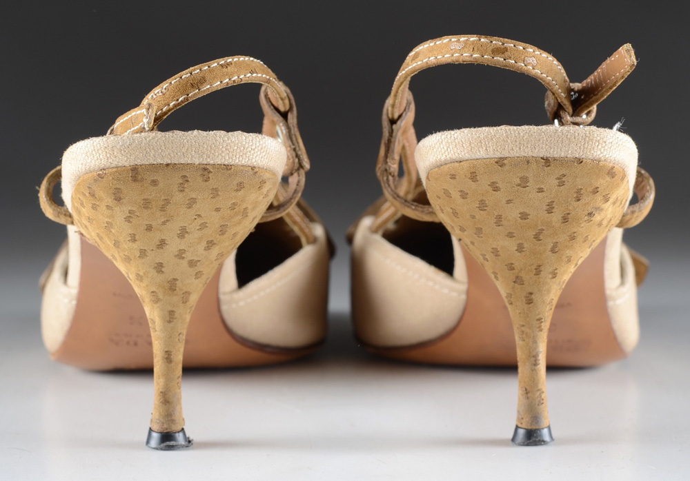 Prada Embossed Suede and Canvas Slingback Mules