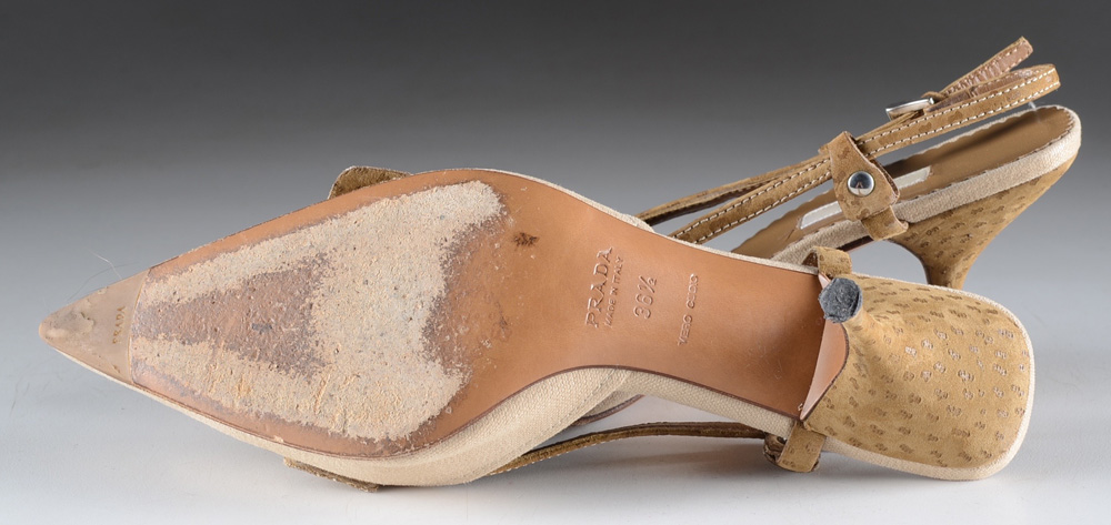 Prada Embossed Suede and Canvas Slingback Mules