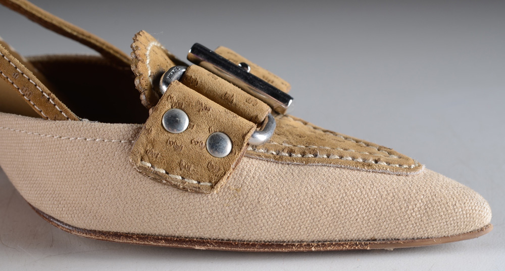 Prada Embossed Suede and Canvas Slingback Mules