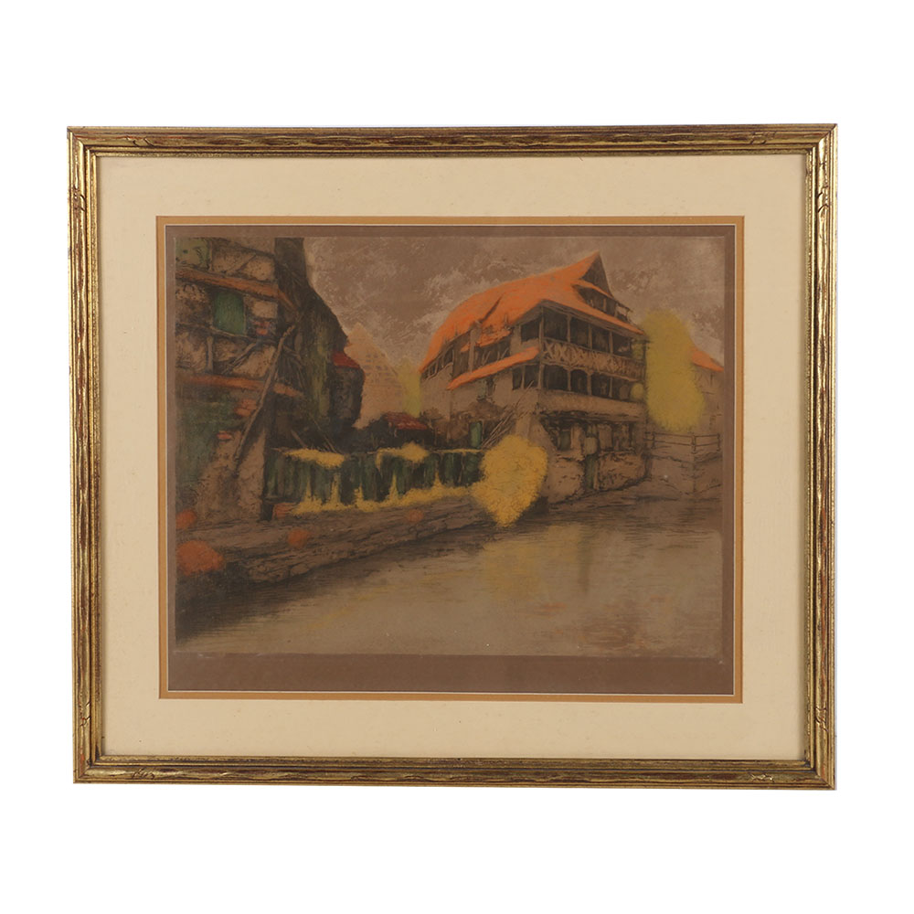 Charmeille Hand-Colored Etching "Houses in Alsace"