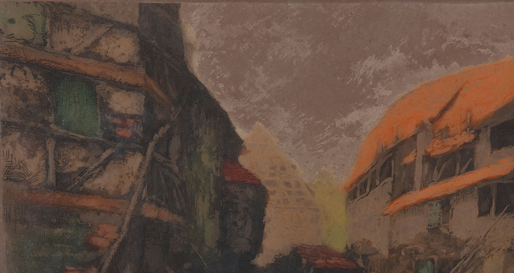 Charmeille Hand-Colored Etching "Houses in Alsace"