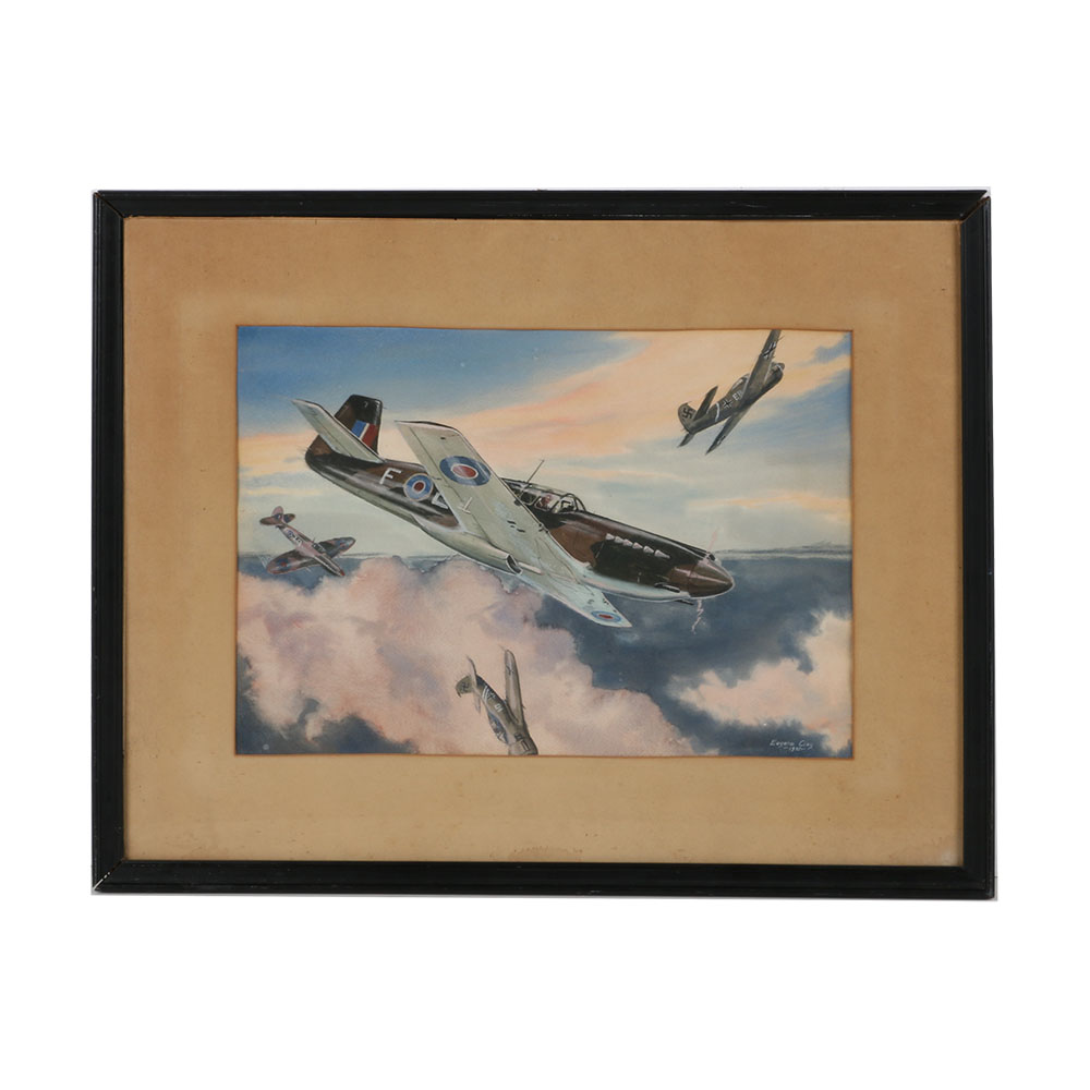 Signed Eugene Clay World War II Dogfight Framed Watercolor