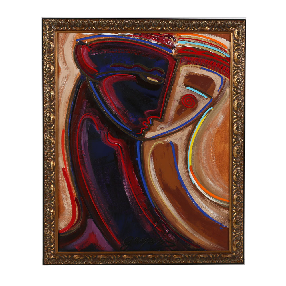 Gaylord Soli Abstract Acrylic on Canvas Painting of a Couple