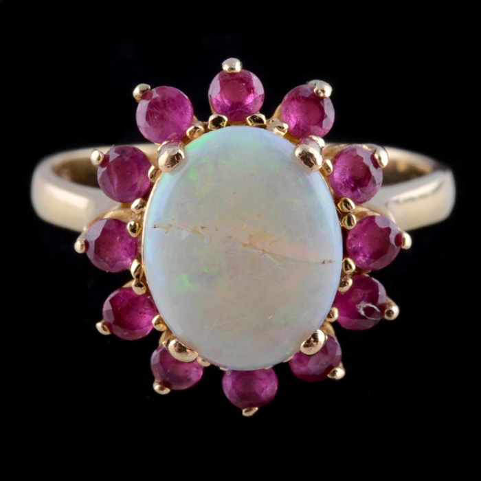14K Yellow Gold Opal and Ruby Floral Ring