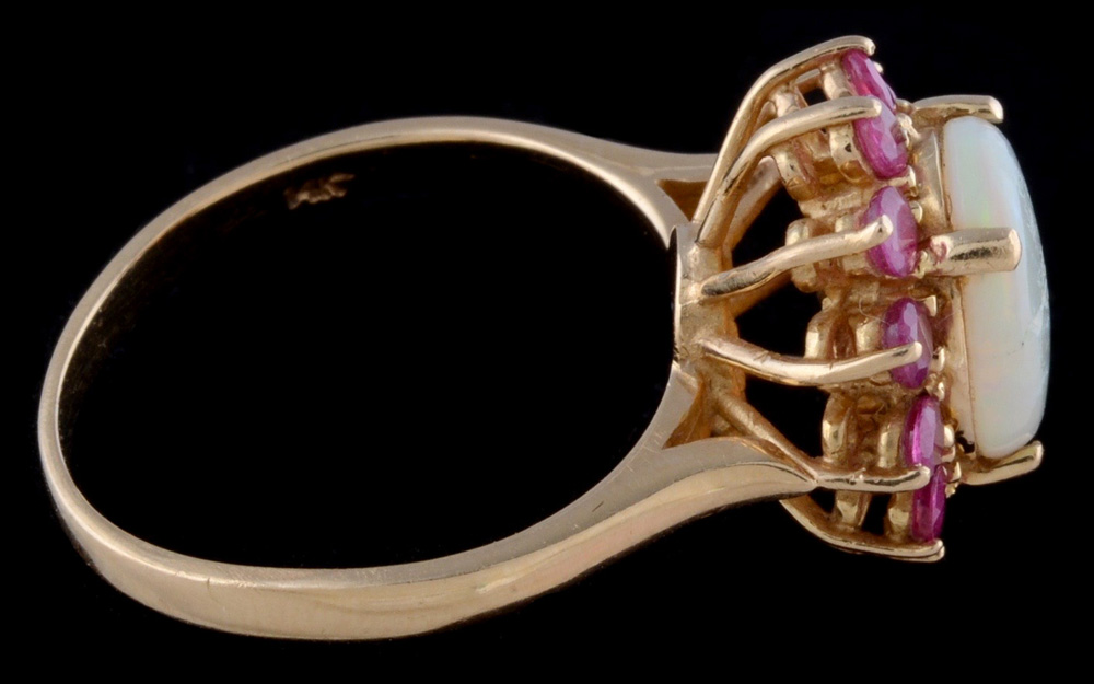 14K Yellow Gold Opal and Ruby Floral Ring