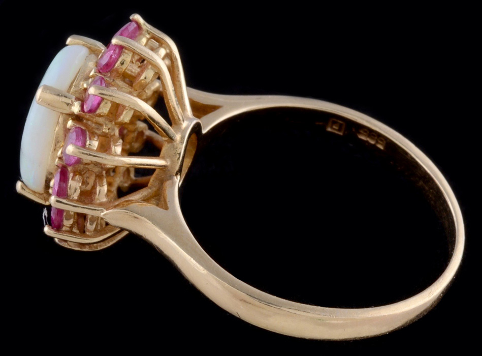 14K Yellow Gold Opal and Ruby Floral Ring