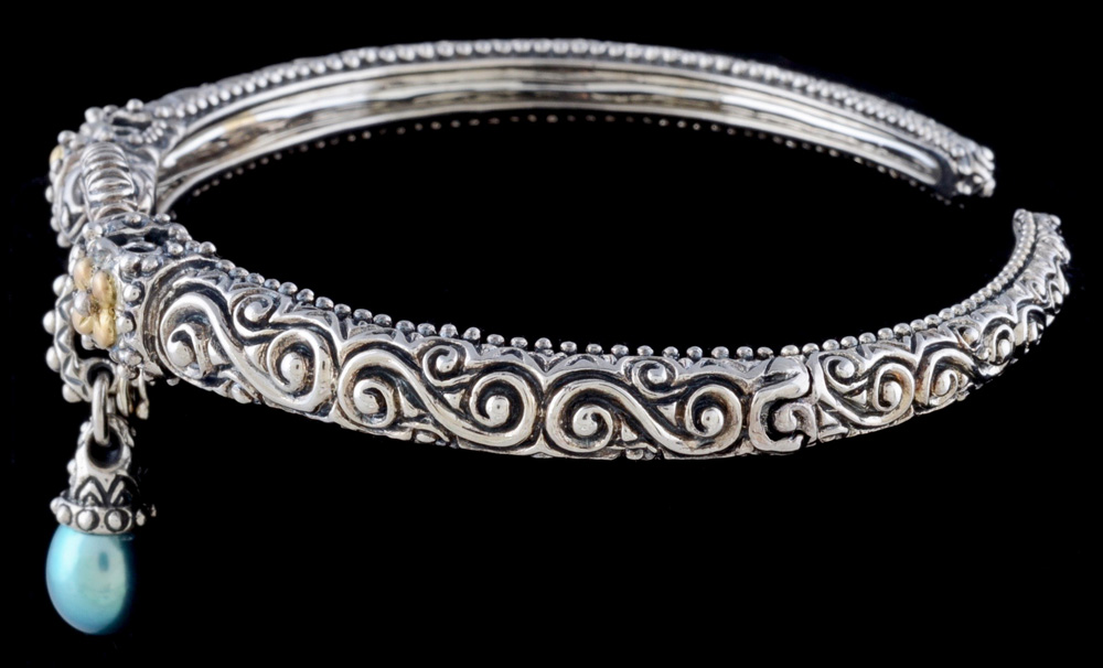 Bixby Sterling Silver and 18K Yellow Gold Cuff with a Dangling Dyed Cultured Drop Pearl