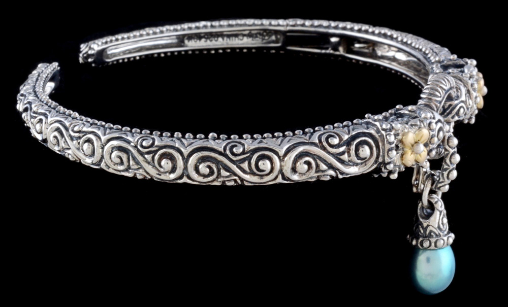 Bixby Sterling Silver and 18K Yellow Gold Cuff with a Dangling Dyed Cultured Drop Pearl