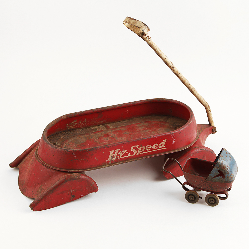 Vintage 1930s Hy-Speed Metal Craft Pressed Steel Toy Wagon and Wyandotte 1930s Doll Carriage