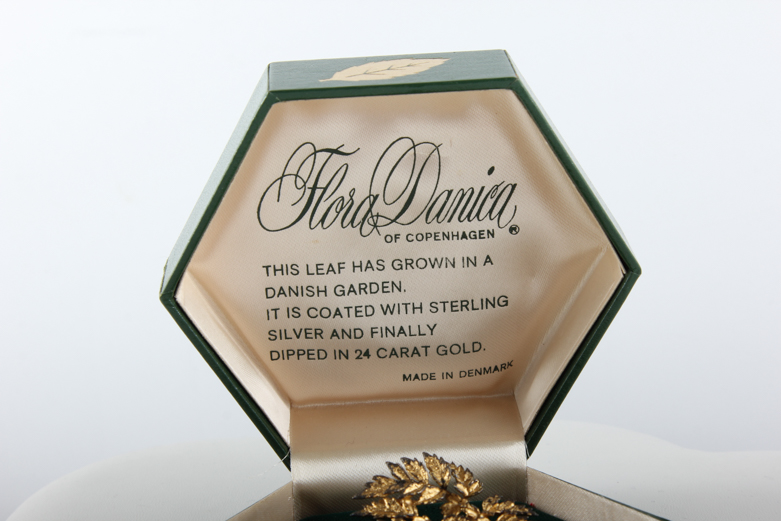 Vintage Flora Danica 24K Gold Over Sterling Leaf Pin