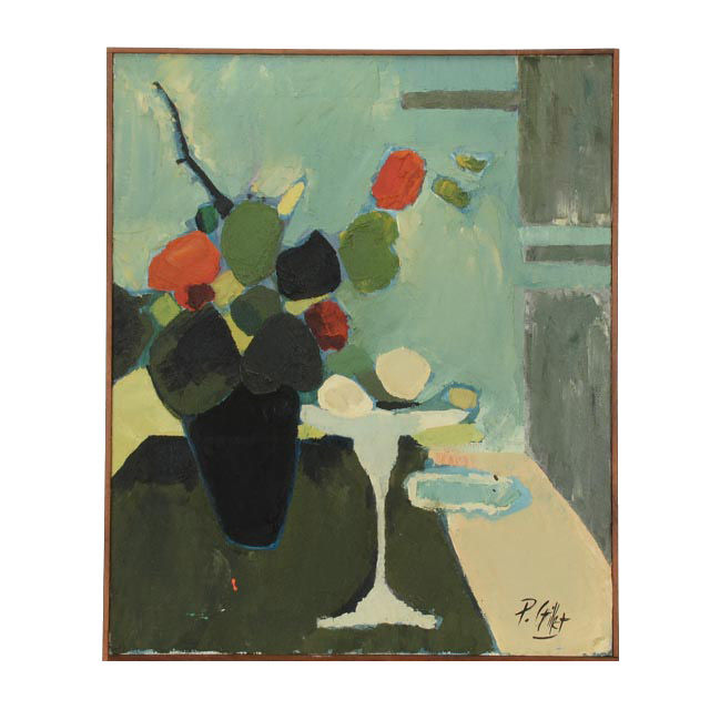 P. Gillet Mixed Media Painting "Flowers in Black Vase and Long White Stem Bowl"