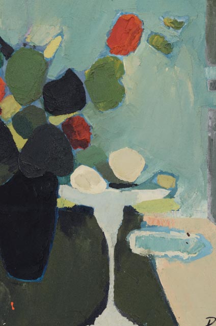 P. Gillet Mixed Media Painting "Flowers in Black Vase and Long White Stem Bowl"