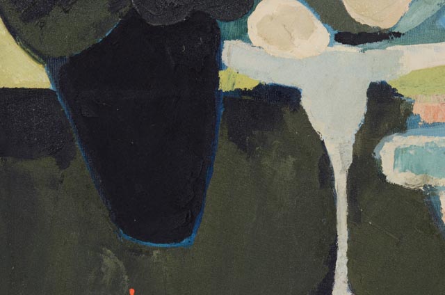 P. Gillet Mixed Media Painting "Flowers in Black Vase and Long White Stem Bowl"