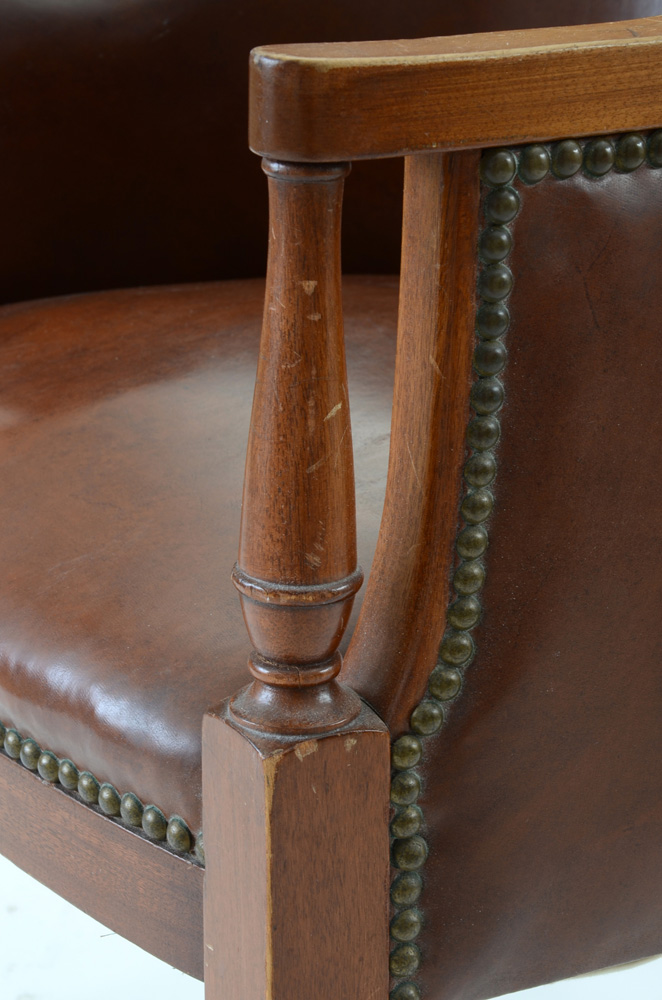 Pair of Sheraton Style Leather Tub Chairs