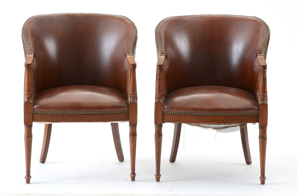 Pair of Sheraton Style Leather Tub Chairs