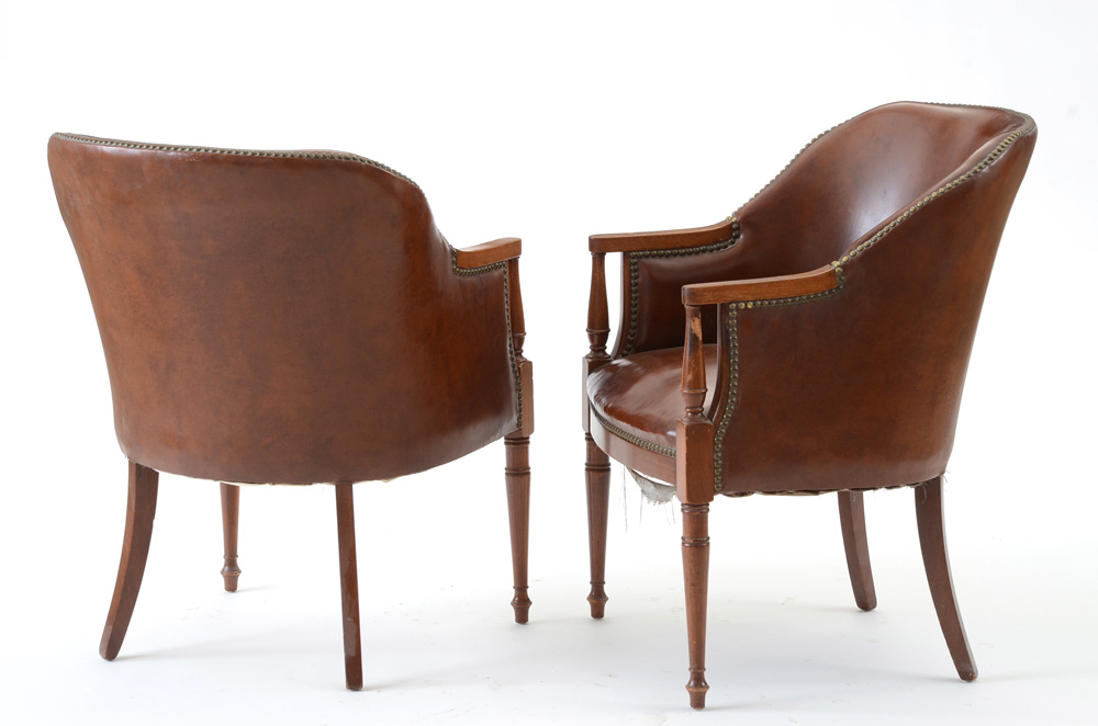Pair of Sheraton Style Leather Tub Chairs