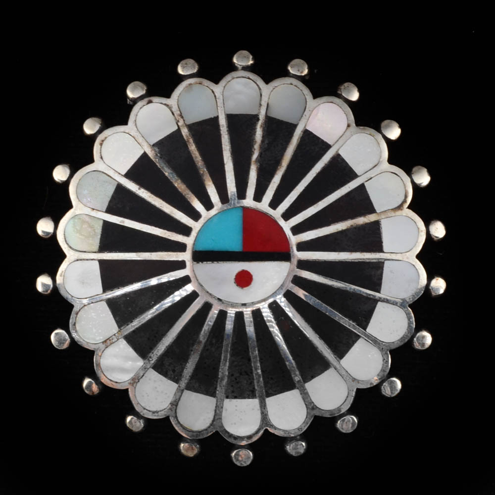 Southwestern Zuni Sterling and Inlaid Sun Face Medallion Pin/Pendant