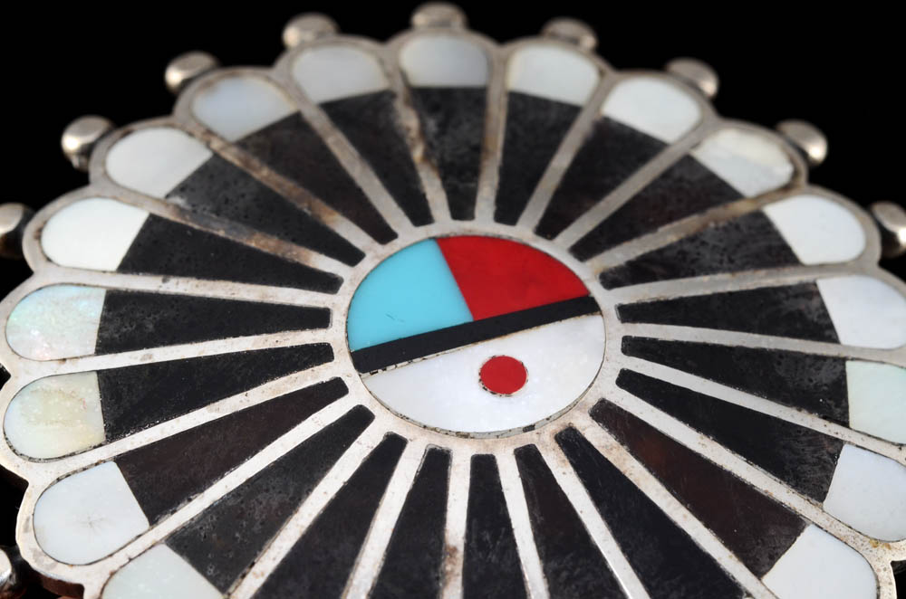 Southwestern Zuni Sterling and Inlaid Sun Face Medallion Pin/Pendant